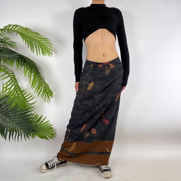 Vintage 90s Gray Earthy Floral Cottagecore Fairy Grunge Bohemian Maxi Skirt / 8 - Picture 4 of 6